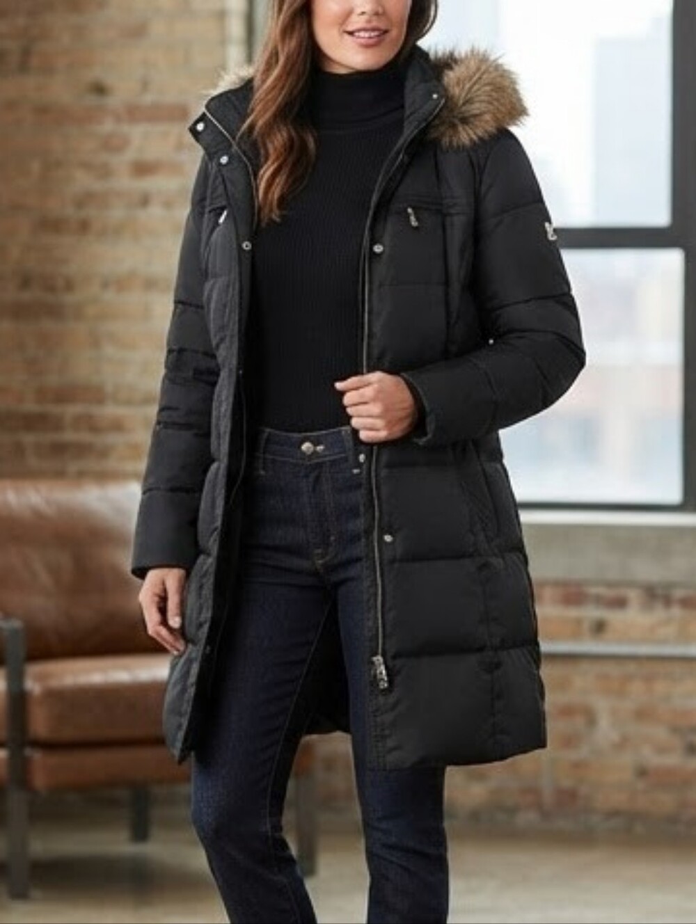 Michael Kors Black Long Puffer Coat Faux Fur Removable Hood Side Zips Small